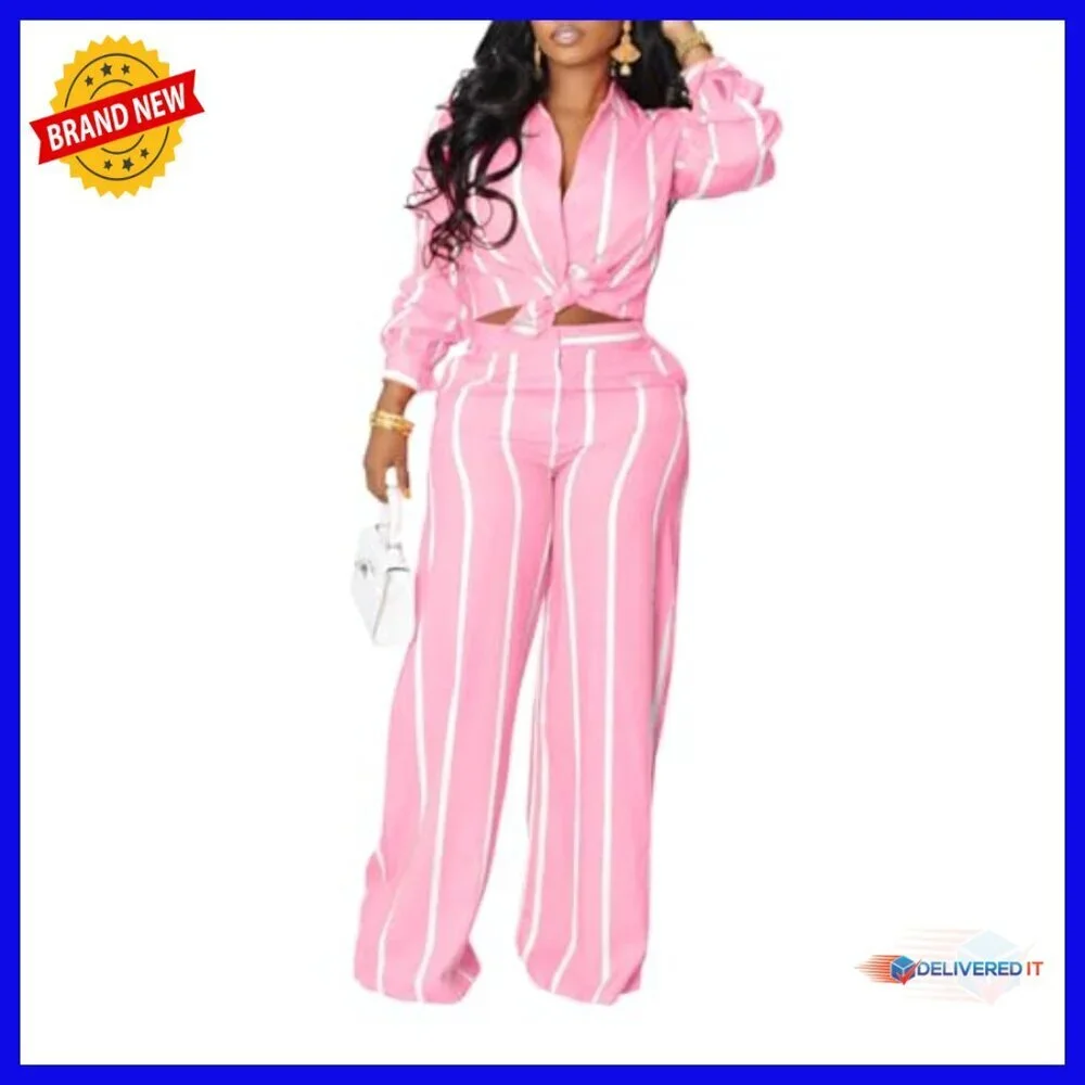 Striped Two Piece Set Long Sleeve Button Down Shirt Wide Leg Pants with Pockets